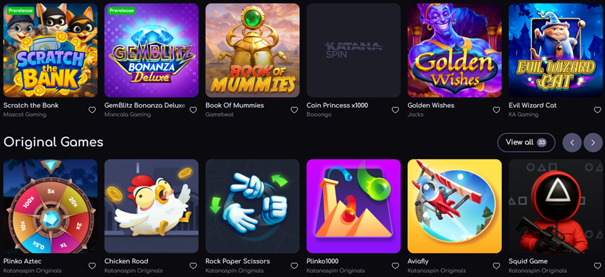 Katana Spin Casino Games selection