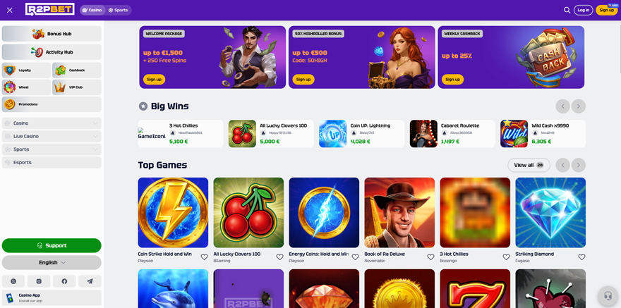 r2p bet casino homepage screenshot, source: r2pbet.com