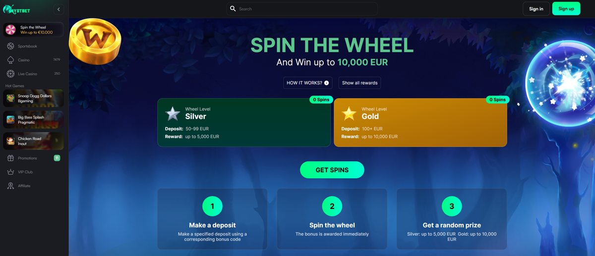 MystBet introduces the Spin the Wheel promo, where every deposit unlocks spins worth prizes up to €10,000.